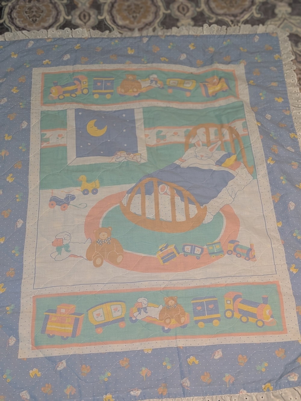Nursery Baby Blanket - Pastel Blue Bedtime Train & Toys